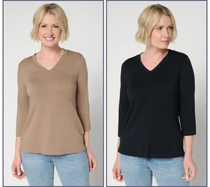 Denim & Co. Essentials 2-Pack Favorite Jersey V-Neck Tops Womens A698987 - Picture 1 of 6