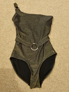 One Shoulder, Belt Detail Swimsuit, F&F. Black and Gold Shimmer. 8/10 - Picture 1 of 5