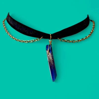 GARGANTILLA CRISTAL IRIDISCENTE AZUL TERCIOPELO NEGRO collar cadena bronce cuarzo gótico Q6 Foto 1 de 4