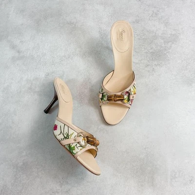 GUCCI Sandalias de Bambú Cuero Negro Beige Tacón Talla UK 5/EU 38/US8 Mujer Usadas Foto 1 de 4
