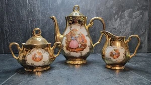 Antique Richard Ginori Italian Porcelain Teapot Creamer & Sugar Bowl Set – Gold - Picture 1 of 13