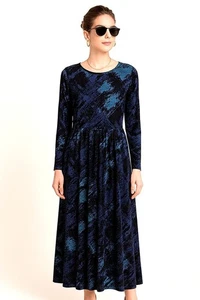 Anne Klein Large Long-Sleeve Lined Dress Abstract Print Blue Black Polyester - Picture 1 of 12