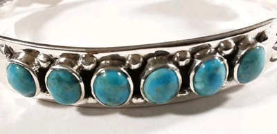 925 STERLING SILVER ETCHED BEADED 6 STONES TURQUOISE 5 1/2" BRACELET 16.2g - Image 1 of 4