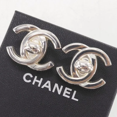 CHANEL Used CC Logos Turn Lock Earrings Silver Clip-On 96A  Vintage Auth #EH699 - Image 1 of 4