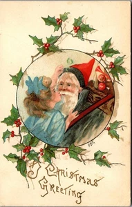 Vintage Weihnachts Postkarte hübsches Mädchen küsst Weihnachtsmann signiert HBG Griggs 1910 - Bild 1 von 3