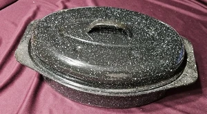 Vintage gesprenkelte Emaillegeschirr Bräter Pfanne mit Deckel oval USA 13x8 - Bild 1 von 5