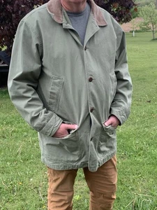 Vintage LL Bean Chore Coat XL Green Canvas Chore Jacket Brown Corduroy Collar - Picture 1 of 8