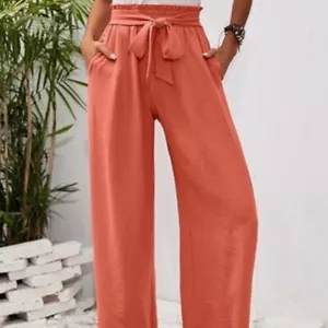 Women's Wide Leg Lounge Pants with Pockets Adjustable Tie Knot Loose Trousers - Picture 1 of 37
