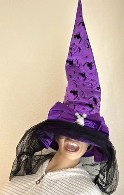 Deep Purple Black Witch Wide Pointed Brim Hat Bow Cats &Veil Elope Costume - Image 1 of 3
