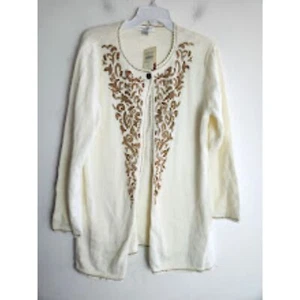 NWT Coldwater Creek White w/Brown Floral Knit Cotton/ Wool Cardigan size Large - Picture 1 of 11