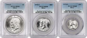 1976 S $1 50C 25C Uncirculated Bicentennial 40% Silver Set Of 3 Coins PCGS MS68 - Picture 1 of 4
