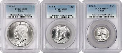 1976 S $1 50C 25C Uncirculated Bicentennial 40% Silver Set Of 3 Coins PCGS MS68 - Image 1 of 4