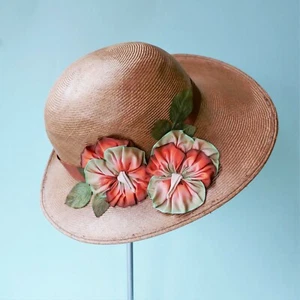 Handmade Tobacco Straw Picture Hat 1930s Vintage Style Ribbon Flowers - SM (L9) - Picture 1 of 8