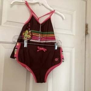 Girls Tankini Sz 14 1/2 Brown & Pink Butterfly 2 Pc Elastic Waist Back Pocket - Picture 1 of 8