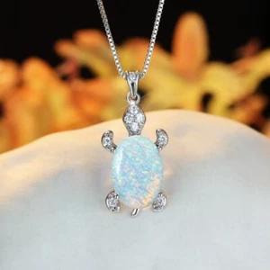 Classic Oval Cut White Fire Opal Cubic Zirconia Turtle Silver Necklace Pendants - Picture 1 of 8