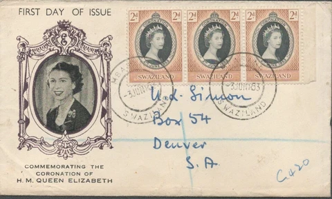 1953 Mbabane Swaziland 3 Coronation Stamps on Cover with Queen Elizabeth Cachet Cover
