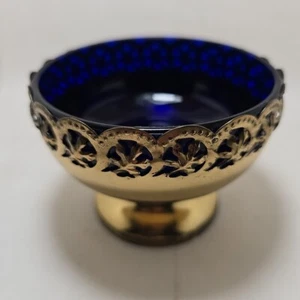 Celtic Quality Gold-Tone Cobalt Blue Glass Bowl Signed Made In England Retro  - Picture 1 of 4