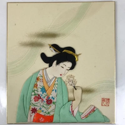 Tablero de arte japonés Shikishi tela Oshie de colección kimono mujer geisha floral A693 Foto 1 de 4