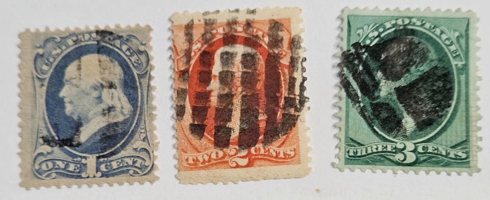 US Stamp Sc182-84, 1c to 3c Fancy Cancellations, Used F/VF CV$12.00 (51185) - Image 1 of 1