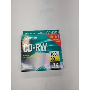 Memorex PACK OF 5 CD-RW REWRITABLE 4X 700MB 80 MINUTES Space Saving Jewel Case - Picture 1 of 7