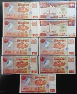 9 Singapur 10 $ Ten Dollars Vogel & Boot Schiff Serie Banknoten 1976, 1988 Lot - Bild 1 von 2