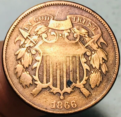 1866 Two Cent Piece 2C Ungraded Circulated US Copper Coin CC28220 - Image 1 of 4