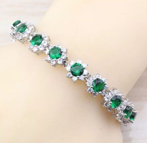 Gold Plated Silver 18 Ct Round Cut Lab Created Emerald Tennis Bracelet 14k White