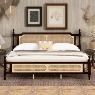 King Size Pine Wooden Bed Frame Vintage with Rattan Headboard Footboard,Espresso - Image 1 of 4