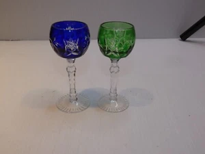 Pair Bohemia-Style Glass Cordials, Blue and Green w Clear - Picture 1 of 6