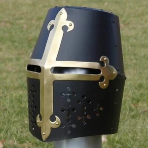 Black Great Helmet with Brass Cross – Medieval Knight Combat Helmet - Picture 1 of 5