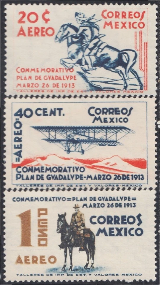 México A- 73/75 1938 Plan Conmemorativo de Guadalupe Hombre Caballo MH Foto 1 de 1