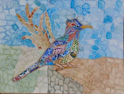Pintura Acuarela Original "Roadrunner Mosaic" RAMfish Artist 12"x9" Aspecto Azulejo Foto 1 de 4
