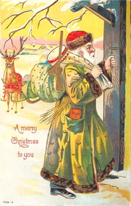 1909 Bata Verde Papá Noel con Juguetes Timbre Timbre Navidad Tarjeta Postal - Imagen 1 de 2