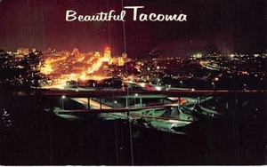 Postal WA: Hermosa Tacoma, Washington, años 50, vista nocturna sin publicar - Imagen 1 de 2