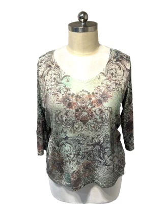 Jane Ashley | Beaded Print Sage Green Top 1X - Image 1 of 4