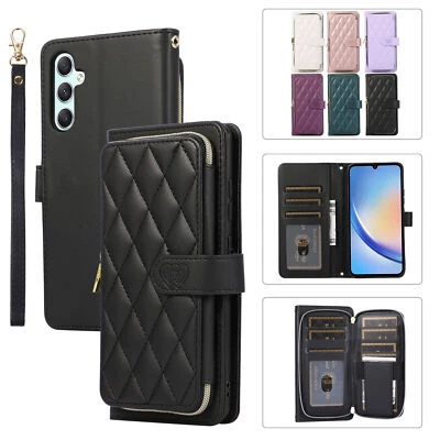 Zipper Grid Leather Wallet Phone Case For Samsung A53 A13 A54 A14 A23 A34 5G A12 - Image 1 of 4