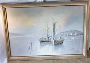 Quadro barca da pesca barca a vela porto clipper nave arte nautica firmato - Foto 1 di 8