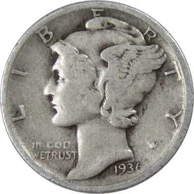1936 D Mercury Dime VG Very Good 90% Silver 10c US Coin Collectible - Image 1 of 2