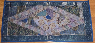 Vintage Indian Embroidered Wall Hanging Patchwork Tapestry Blue Gold 53x26" - Image 1 of 4