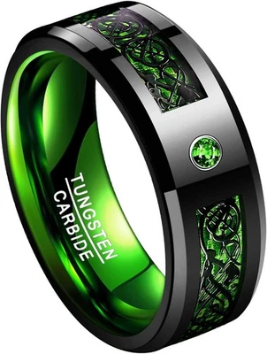 Anillo de boda de tungsteno negro de 8 mm dragón celta verde incrustación de fibra de carbono Foto 1 de 4