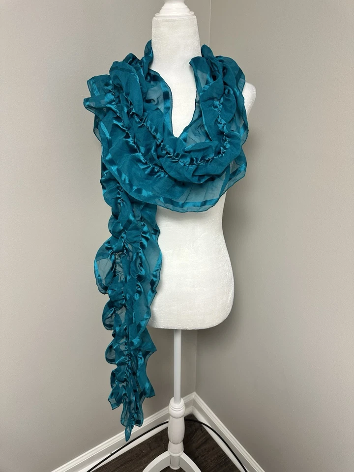 Cachecol White House Black Market azul-petróleo listra sombra babado pescoço tamanho único novo com etiquetas - Imagem 1 de 4