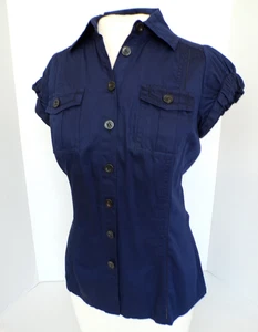 Diane Von Furstenberg Short Sleeve Button-Up Top Navy Blue Womens Size 4 - Picture 1 of 12