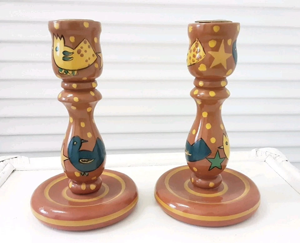 Wooden Folk Art Candlesticks X 2 Handpainted Birds Stars  Candle Holders Tall - Image 1 of 4