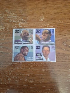 Vntg UnUsed Block 32 Cent US Stamps Jazz Musicians Jelly Roll Morton Eubie Blake - Picture 1 of 2