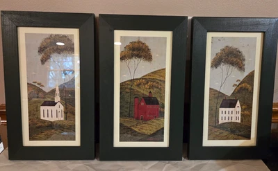Conjunto de 3 estampas de arte popular Warren Kimble emolduradas igreja branca celeiro vermelho casa branca - Imagem 1 de 4