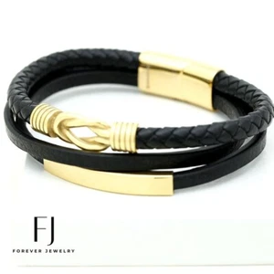 Men's 8" Stainless Steel Braided Leather Magnetic.Bracelet Gold plated +Box - Picture 1 of 3