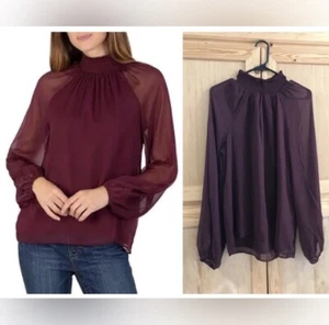 Joie NWT Limited Edition Deep Wine Long Sleeve Smocked Sheer Minimalist Top L - Picture 1 of 9