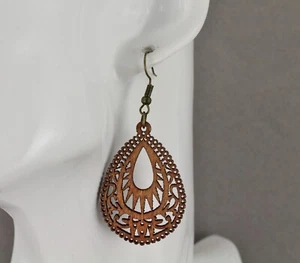Pendientes Marrón Madera Lágrima Cuelga MUY Ligero Filigrana 2 3/8" Largo Bronce - Imagen 1 de 10