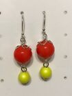 Red Shell Pearl with Fancy Bead Cap Dangle Earrings on Silver Plated Wires.