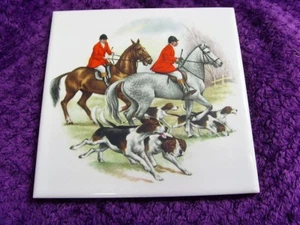vintage equestrian horses dogs hunting scenery ceramic collector tile 50414 - Picture 1 of 4